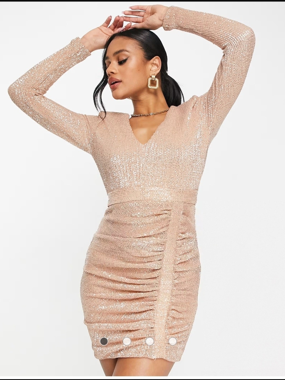 Gorgeous Ruched V-Neck Long Sleeve Sequin Dress in Champagne